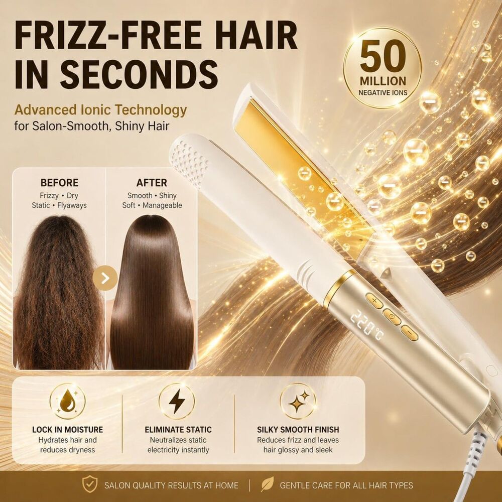 New Flat Iron Hair Straightener 20s Heat-Up 4 Temps LED Ionic White Gold - Picture 4 of 14